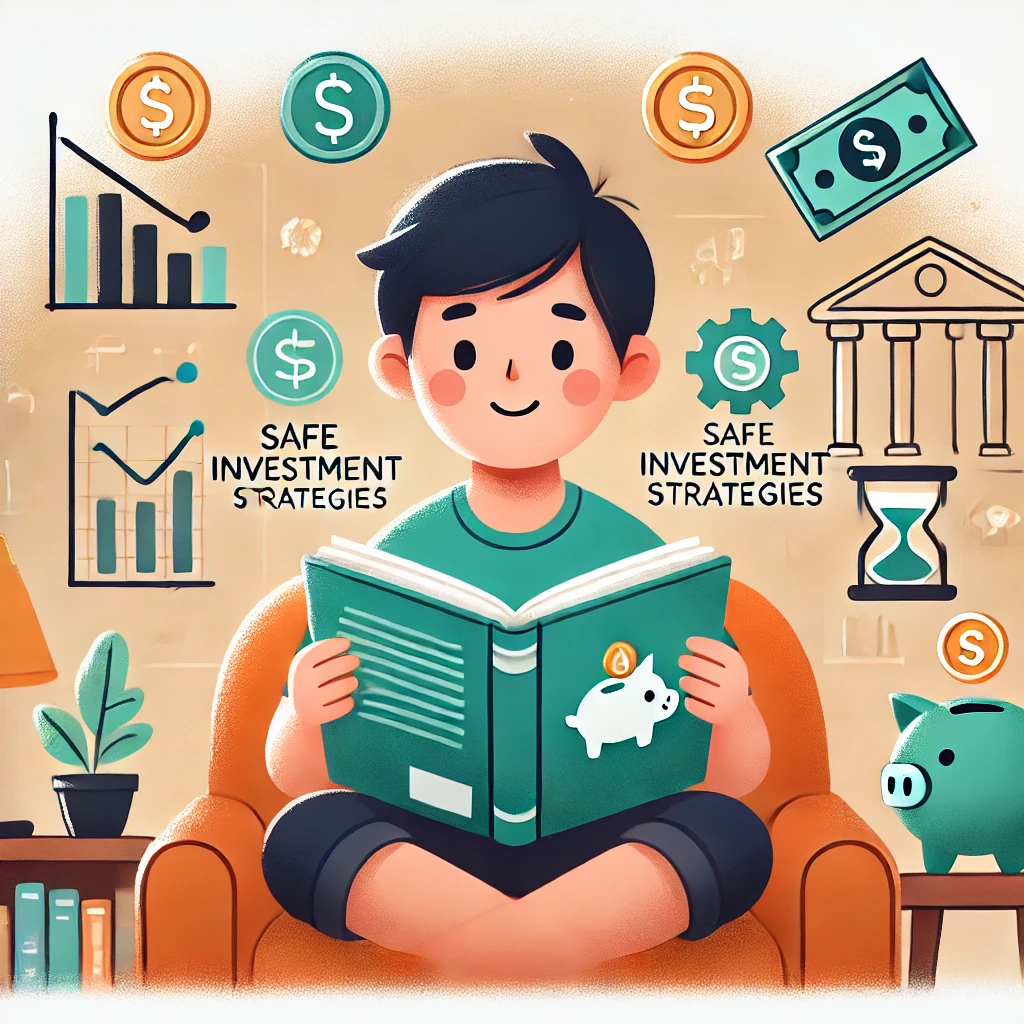 초보자가 안전한 투자 전략을 배우는 모습을 담은 그림입니다! 따뜻한 분위기 속에서 금융 책을 읽으며 돈, 주식, 저축 아이콘이 떠 있는 장면을 표현했어요.