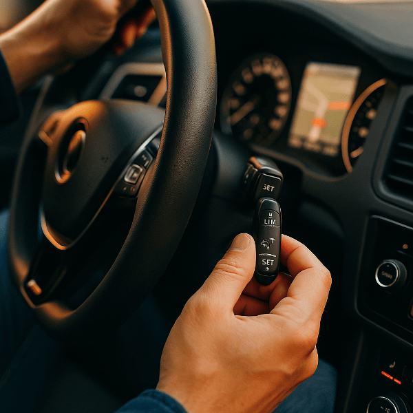 운전자가 차량의 크루즈 컨트롤을 조작하는 장면