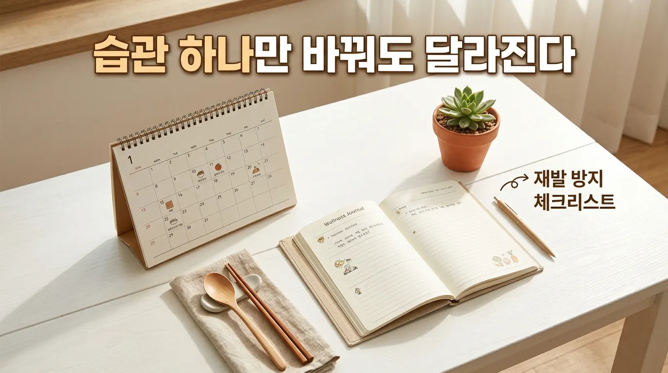 건강한 식사 루틴 체크리스트가 적힌 달력과 식사 도구