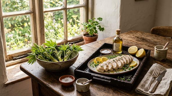 chicken breast and fatsia shoots