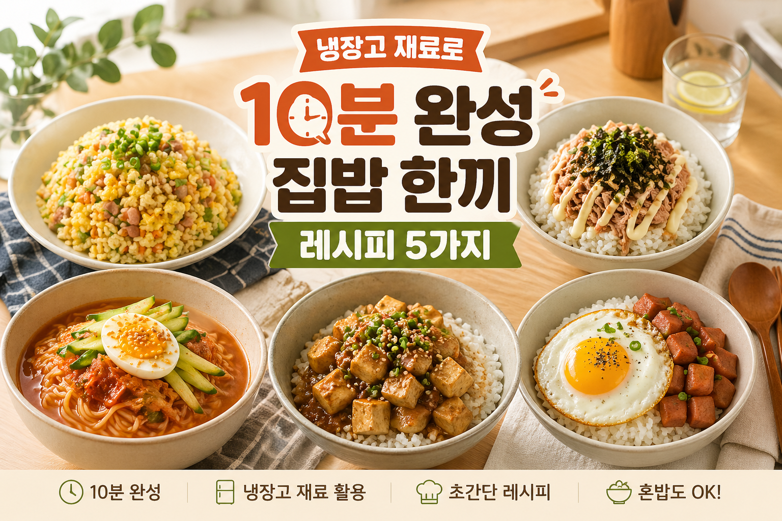 냉장고 재료로 10분 안에 만들 수 있는 집밥 한끼 메뉴 5가지가 차려진 따뜻한 식탁 이미지