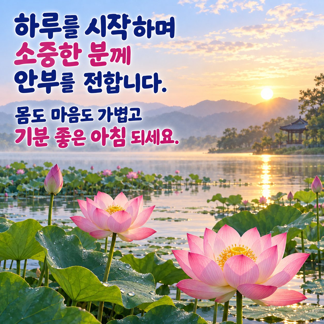 아침에 보내는 카톡 인사말 이미지 6 — 하루를 시작하며 소중한 분께 안부를 전합니다. 몸도 마음도 가볍고 기분 좋은 아침 되세요.