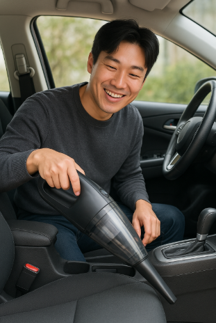 차량용 무선 청소기로 차량을 청소하며 웃고 있는 30대 동양인 남성