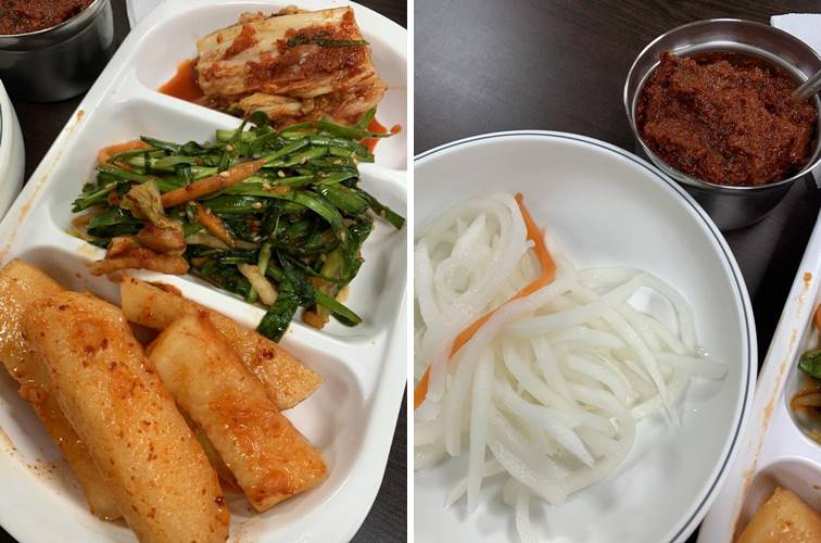 가져다 주신 기본반찬(무, 부추김치, 김치, 소스, 무채)