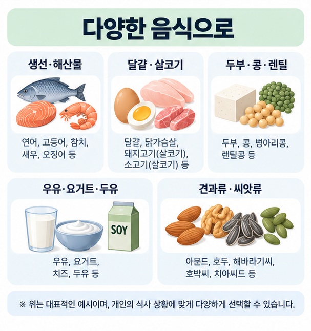 생선 달걀 살코기 두부 콩 유제품 견과류 등 다양한 단백질 식품을 한눈에 정리한 이미지