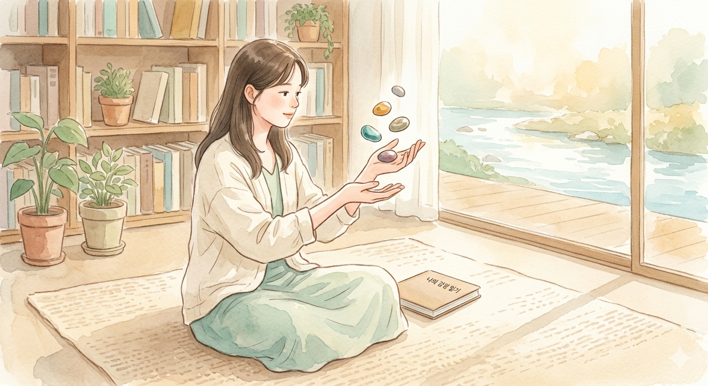 "수채화풍의 밝은 거실에서 여성이 바닥에 앉아 자신의 감정을 상징하는 알록달록한 돌들을 손바닥 위에 띄워놓고 평온하게 바라보는 모습. 감정에 휘둘리지 않고 객관적으로 관찰하며 내면의 중심을 잡는 심리적 상태를 시각화함."