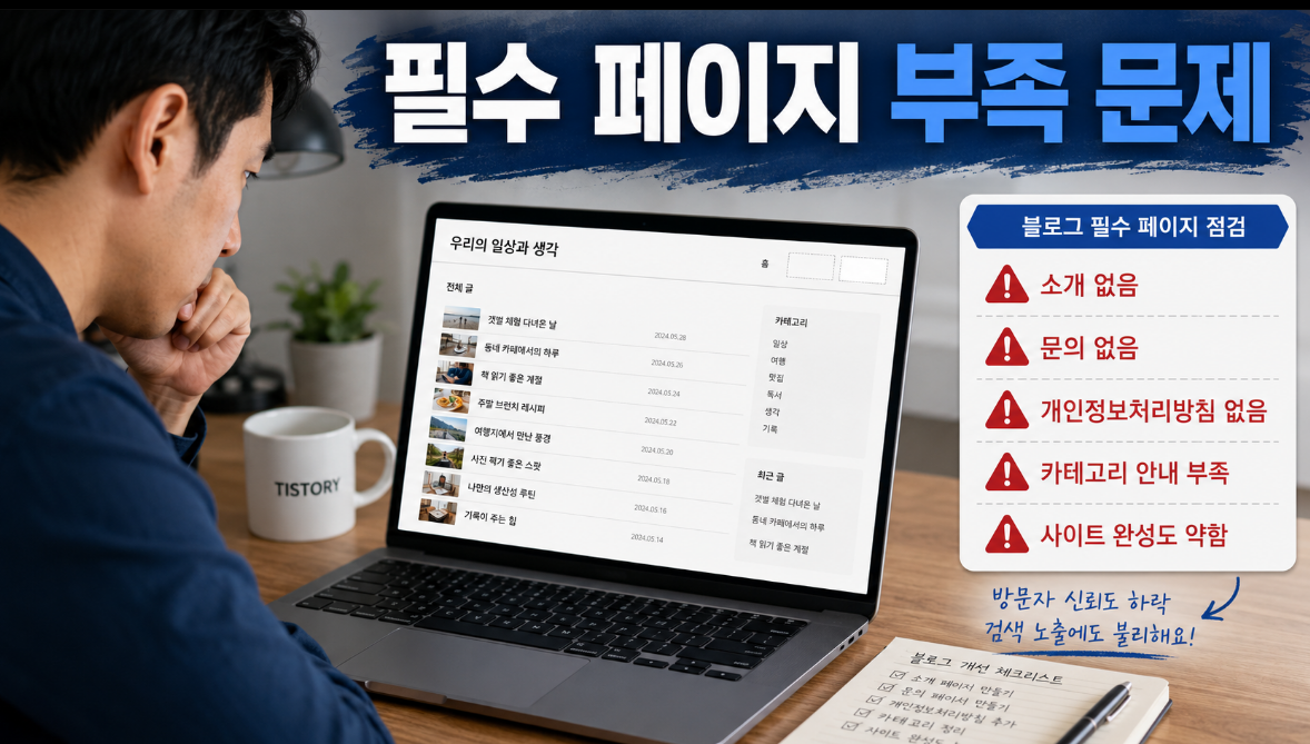 티스토리 블로그에서 소개 문의 개인정보처리방침이 없어 사이트 완성도가 낮아 보이는 문제 상황 이미지