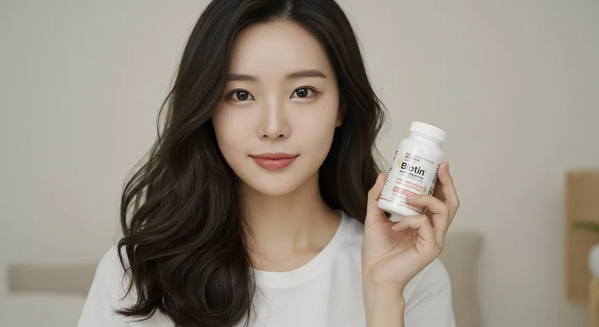 방안에서 비오틴 영양제를 들고있는 여자 이미지