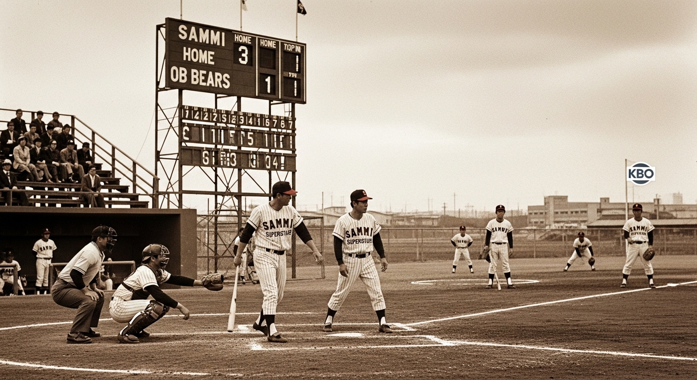 1982년 KBO 리그 창단 당시 삼미 슈퍼스타즈 선수들이 새로운 야구장에서 경기를 준비하는 빈티지 사진. 한국 프로야구의 첫 시작을 알리는 모습.