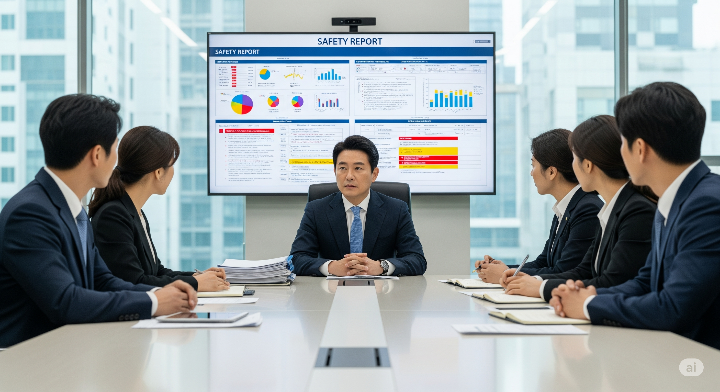대형 스크린에 표시된 안전 보고서를 검토하는 다른 관리자들과 회의 중인 남성 CEO의 모습
