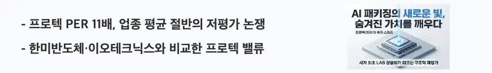 프로텍 주가 전망: '프로텍 PER 11배, 업종 평균 절반의 저평가 논쟁'이라는 문구가 포함된 웹배너 이미지. 이 이미지는 프로텍의 PER 기반 저평가 여부와 경쟁사 비교를 시각적으로 전달하며, 블로그의 프로텍 주가 전망 주제와 관련된 내용을 설명함