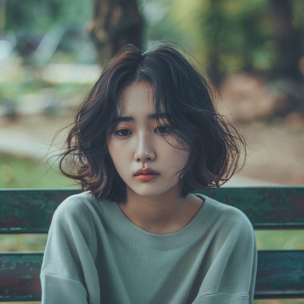 피곤한 표정으로 벤치에 앉아있는 여성, 실사형 이미지