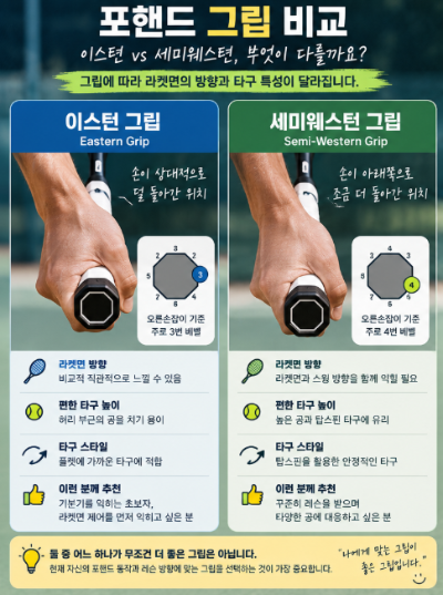 포핸드 이스턴 그립 vs 세미웨스턴 그립, 초보자는 어떤 그립인지부터 확인해보세요