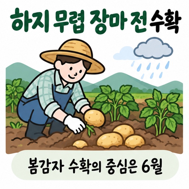 6월 하지 무렵 장마 전에 봄감자를 수확하는 모습을 밭과 감자 캐기 그림으로 설명하는 카드