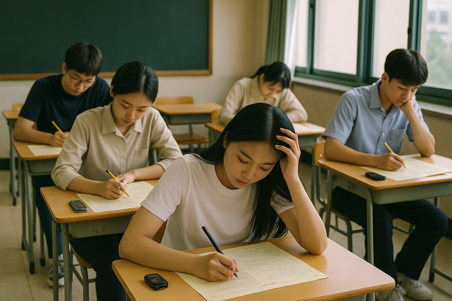 고사장 풍경: 교실 안에서 시험을 치르는 수험생들의 모습