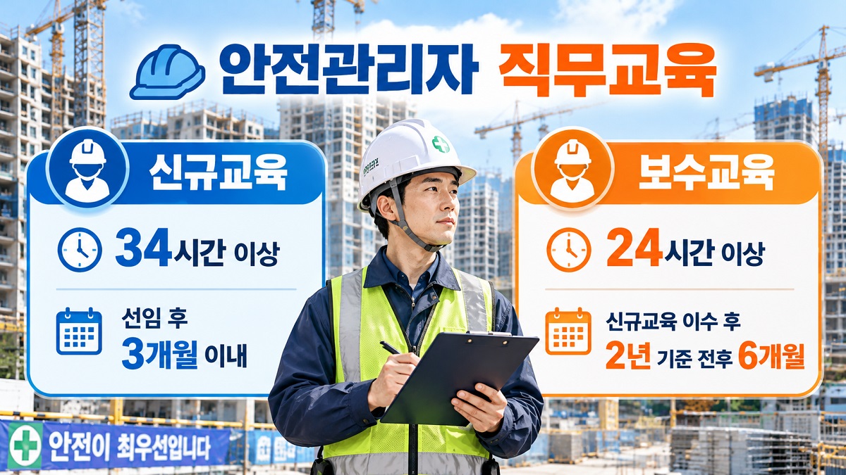 안전관리자 신규교육 34시간과 보수교육 24시간의 이수 시기를 정리한 인포그래픽