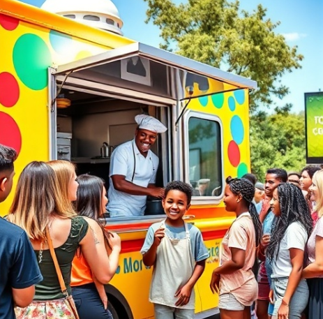 푸드트럭에서 요리하는 셰프와 아들이 행복하게 미소 짓는 모습