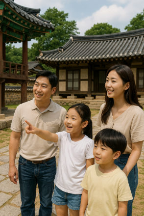 하회마을에서 한옥들을 보며 즐거워하는 가족