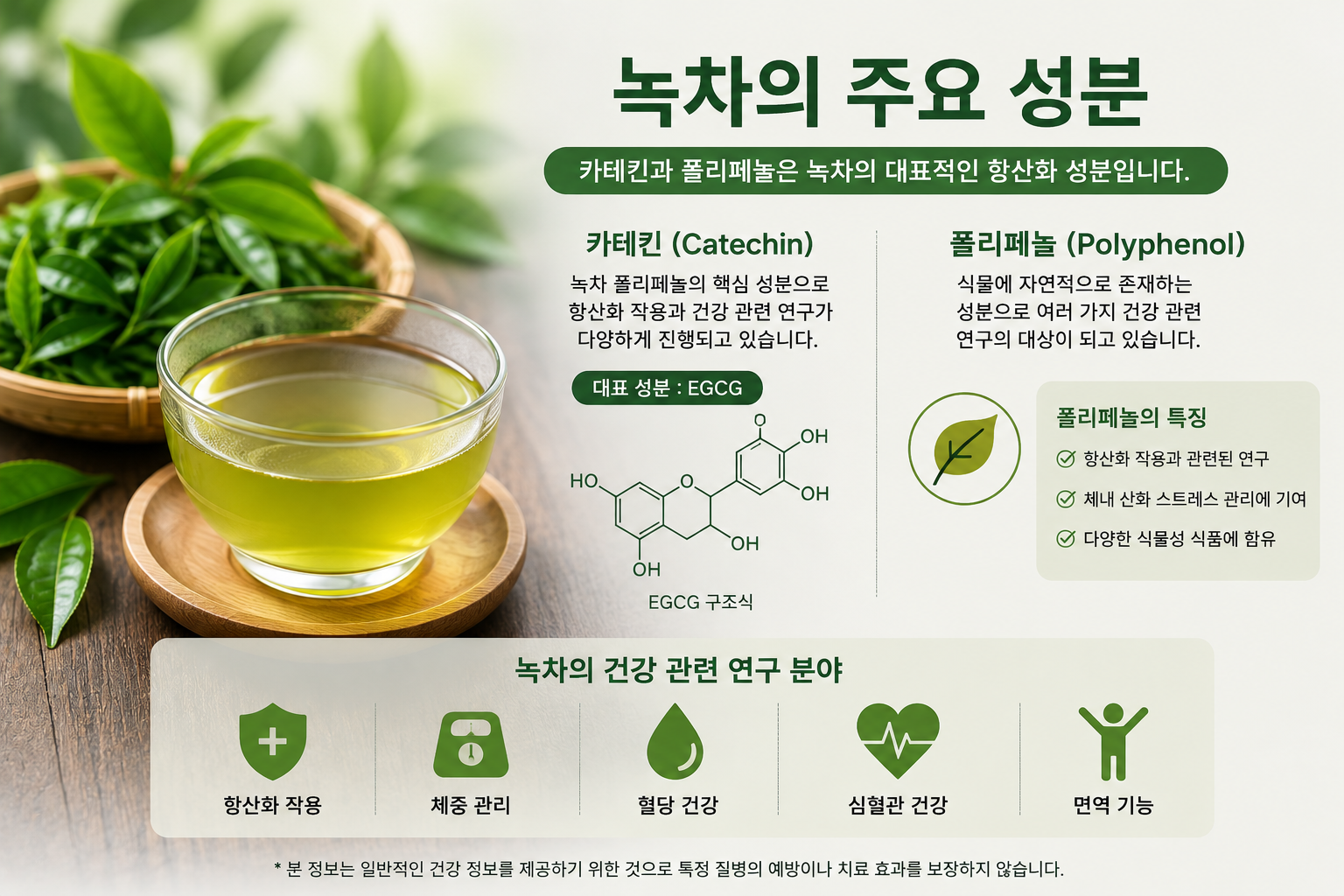 녹차에 포함된 카테킨과 폴리페놀 성분을 설명하는 이미지