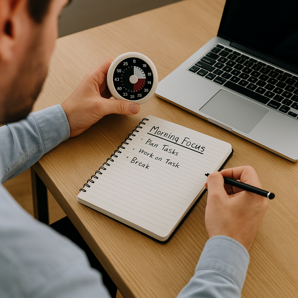 루틴 타이머와 함께 아침 업무를 정리하는 사람 모습
	아침 집중 루틴, 타이머 활용, 집중 흐름 설계