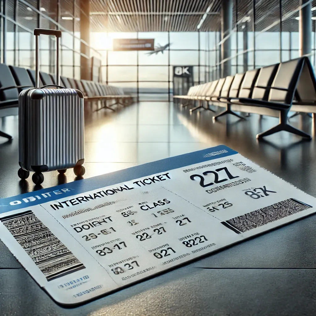 현대적인 디자인의 국제선 항공권&amp;#44; 항공기 아이콘과 터미널 배경