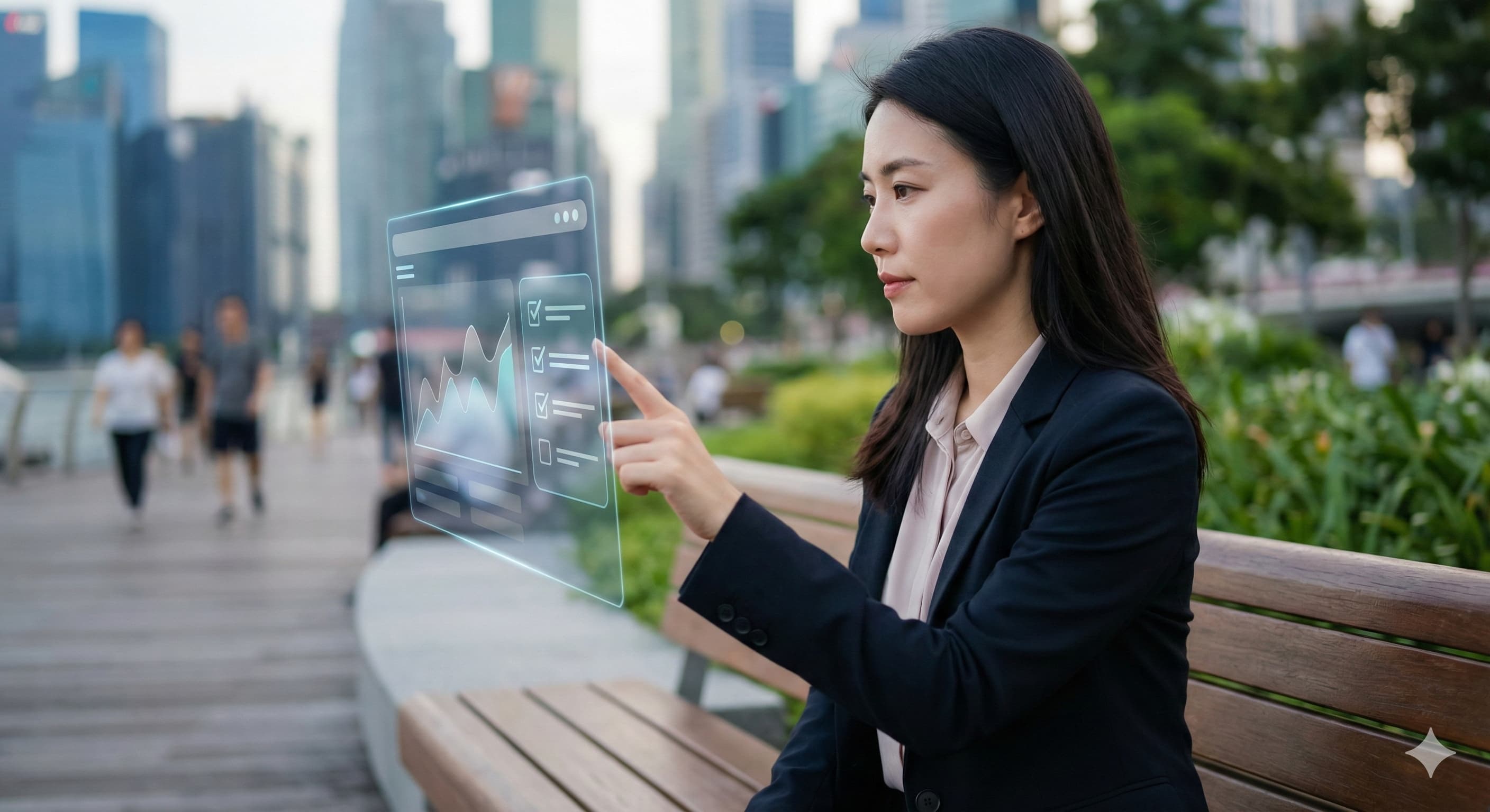 야외 카페 테라스 느낌의 공간에서 홀로그래픽 차트를 띄워 정보를 분석하는 지적인 여성 모델.