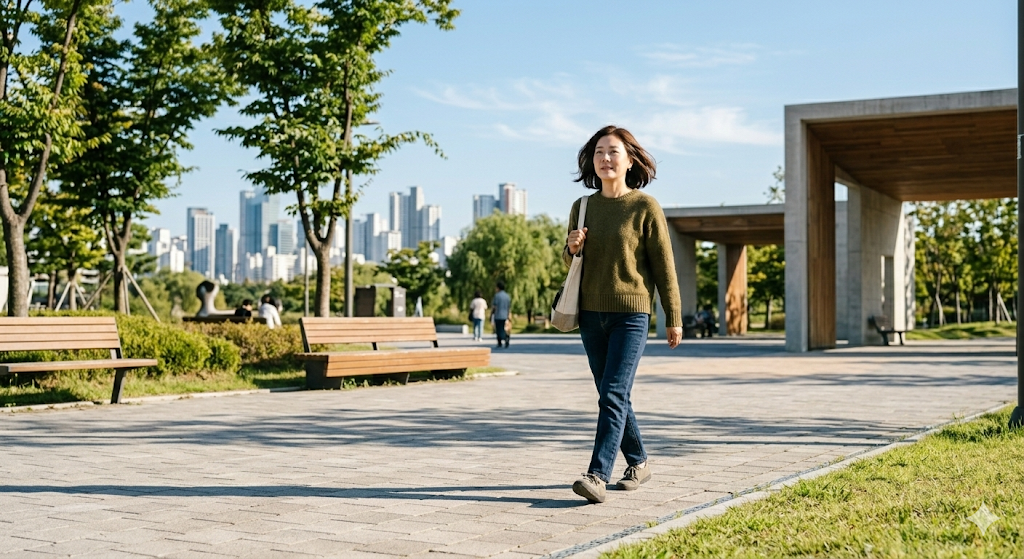 햇살 좋은 공원을 산책하며 건강을 관리하는 모습, 당뇨 예방 걷기 운동