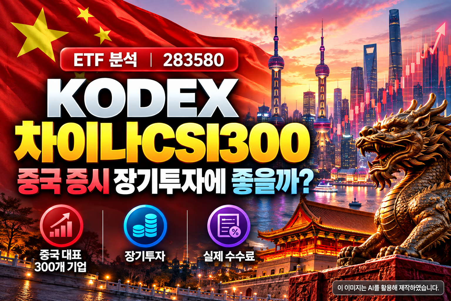 KODEX 차이나CSI300 ETF 장기투자 분석, 중국 국기와 상하이 금융지구를 배경으로 중국 대표 300개 기업, 장기투자, 실제 수수료를 표현한 대표 이미지