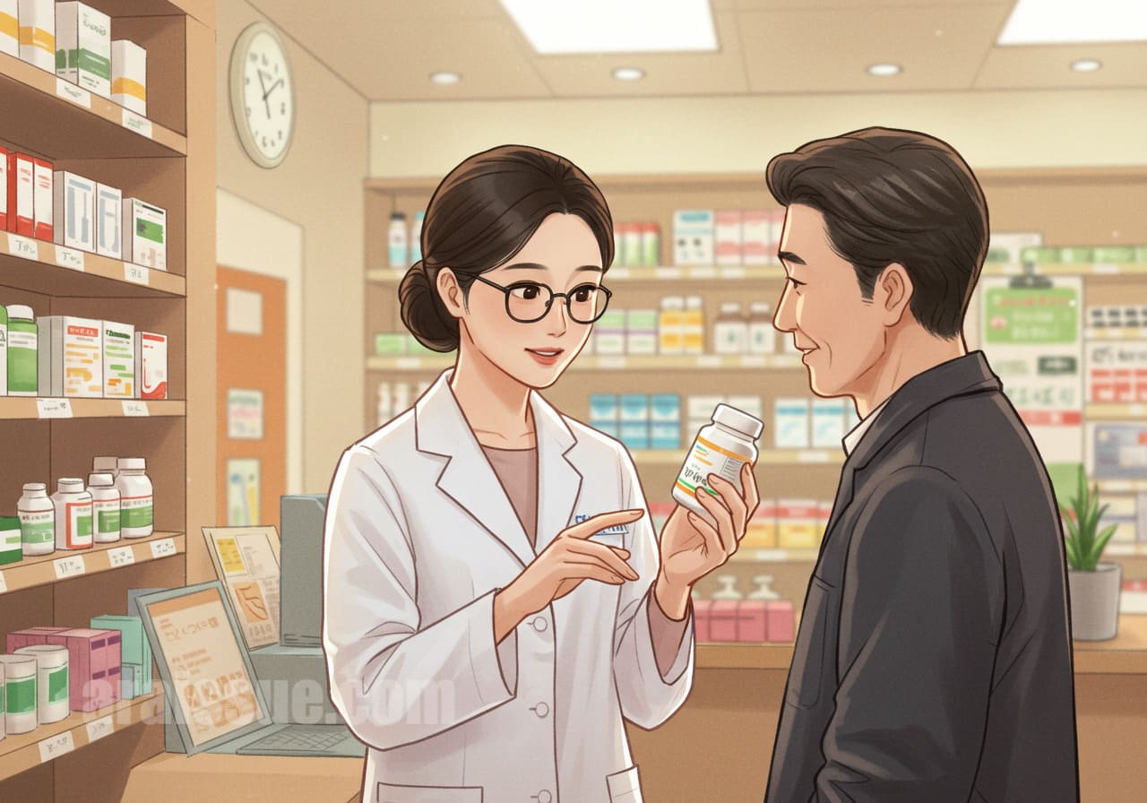 한국 약사가 약국 카운터에서 여성 고객에게 실손보험에서 보장되지 않는 약품(비타민)을 설명하고 있습니다. 실손 청구 거절의 사례를 보여주는 장면입니다.