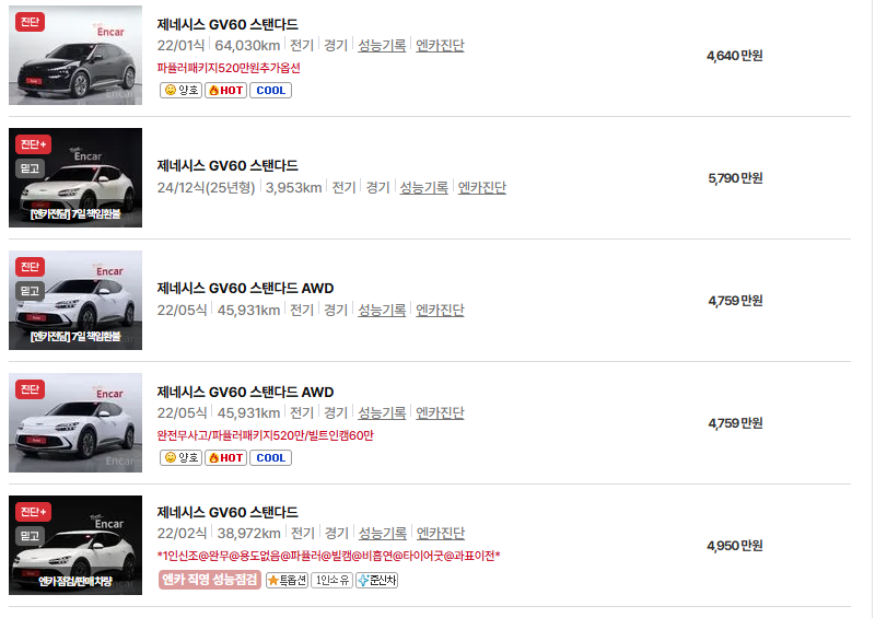 제네시스 GV60 중고차 가격 시세표 및 유지비