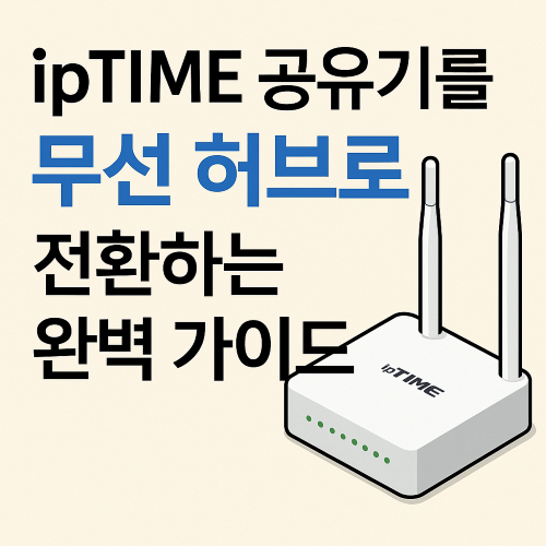ipTIME 공유기를 무선 허브로 전환하는 방법을 설명하는 가이드 이미지, 베이지색 배경에 공유기 일러스트와 한글 안내 문구가 포함됨