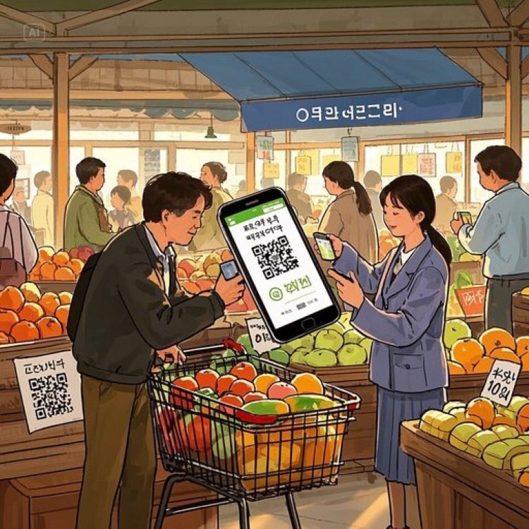 전통시장의 활기찬 장보기 풍경, 디지털 온누리 앱 화면에 QR코드와 10% 할인 태그, 추석 장바구니, 따뜻하고 생동감 있는 색감, 소상공인 지원 메시지.