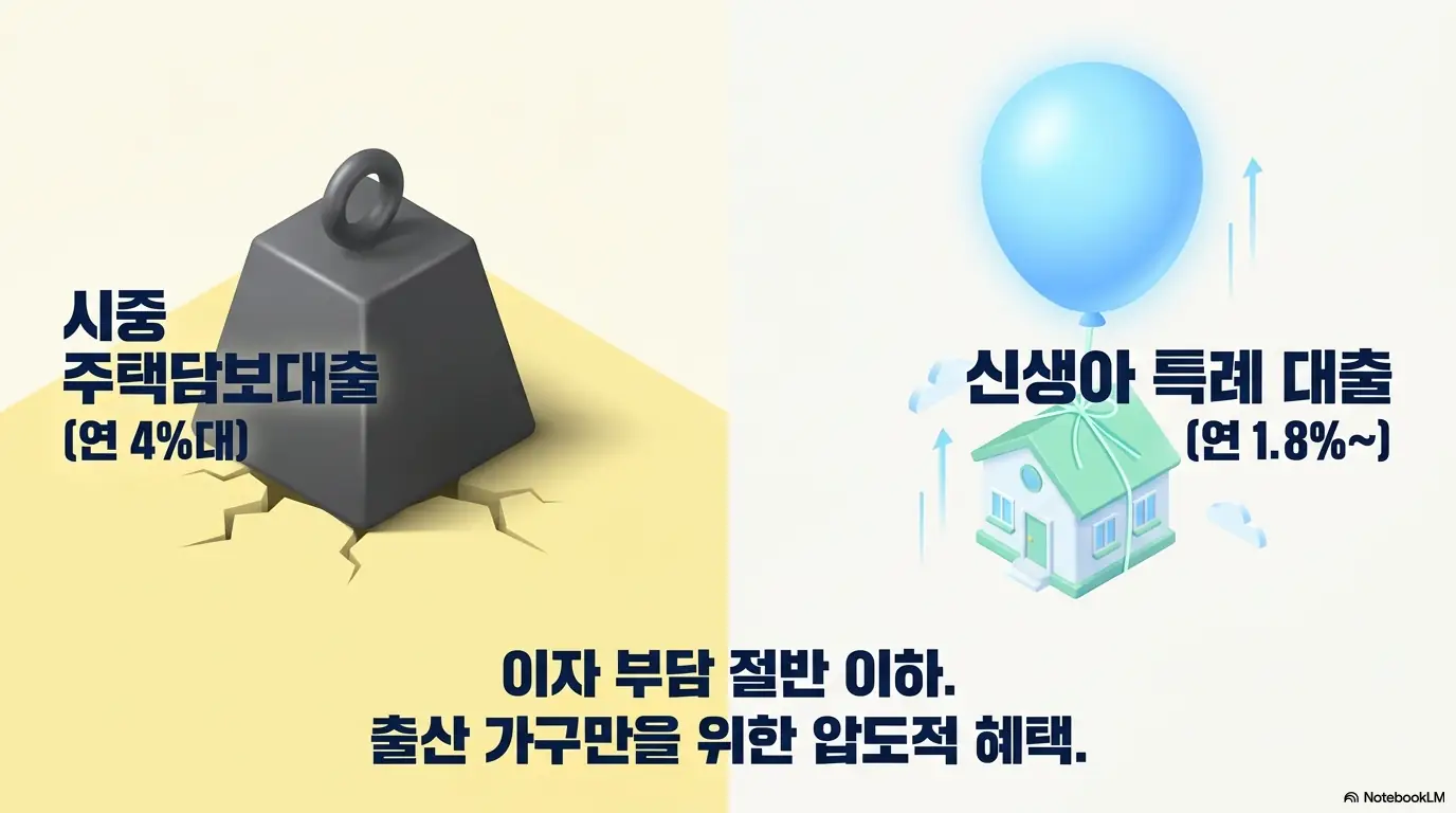 신생아 특례 대출 조건: 시중 주택담보대출 연 4%대는 무거운 추, 신생아 특례 대출 연 1.8%는 풍선처럼 떠오르는 집으로 비유한 이미지. 출산 가구의 이자 부담이 절반 이하로 줄어드는 신생아 특례 대출 금리 혜택을 시각적으로 보여줌.