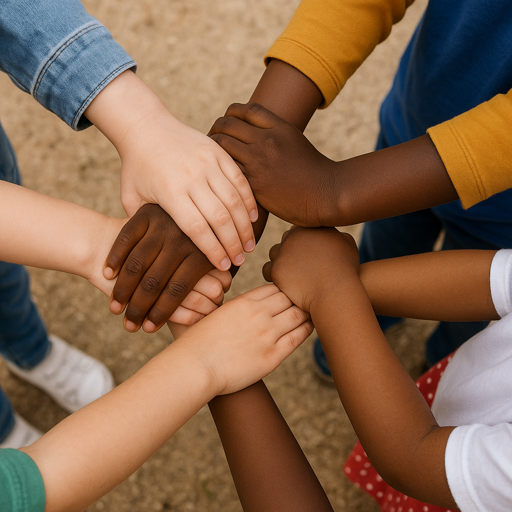 다양한 배경을 가진 아이들이 함께 웃으며 손을 맞잡고 있는 모습