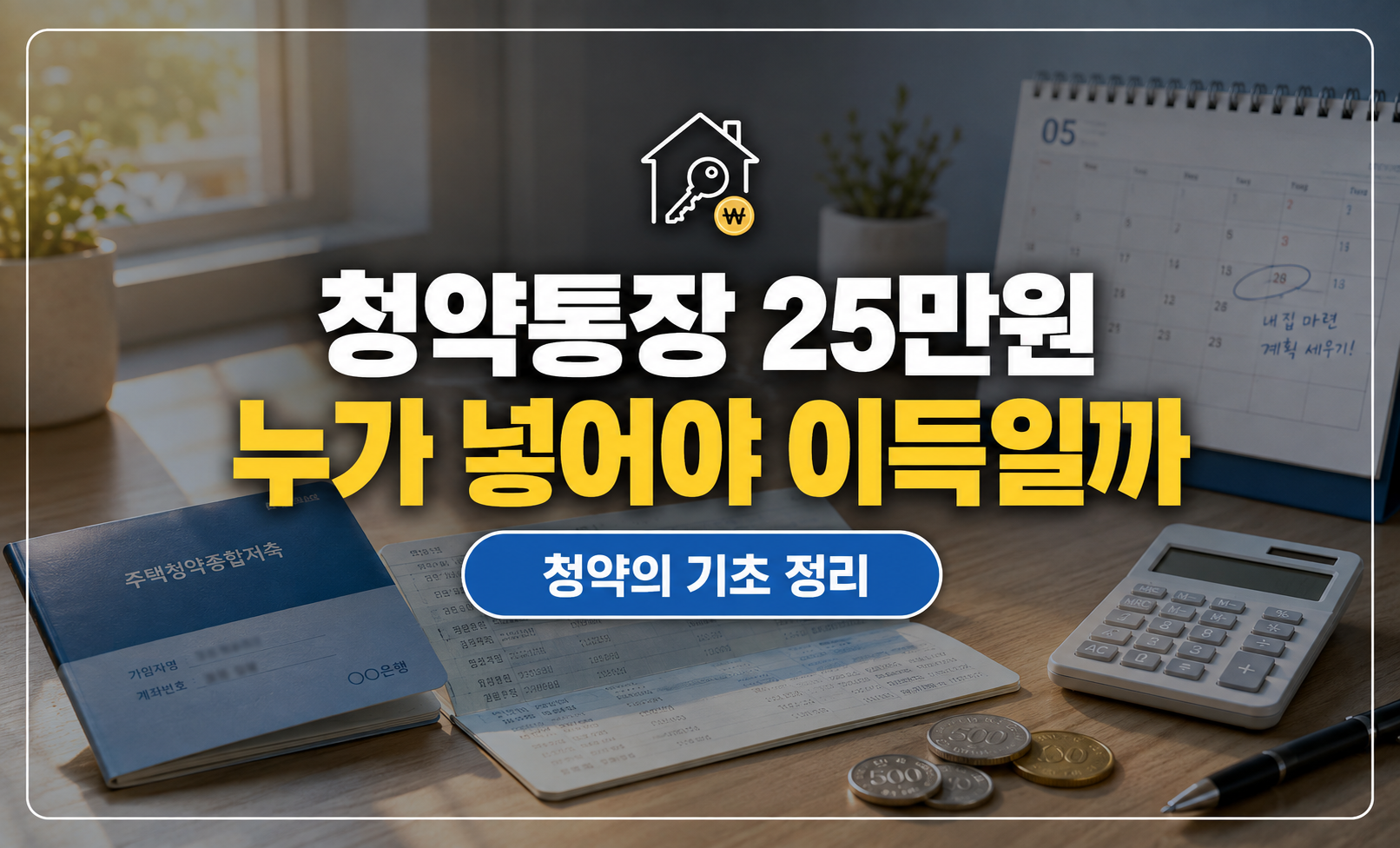 청약통장과 달력을 놓고 납입액을 계산하는 책상