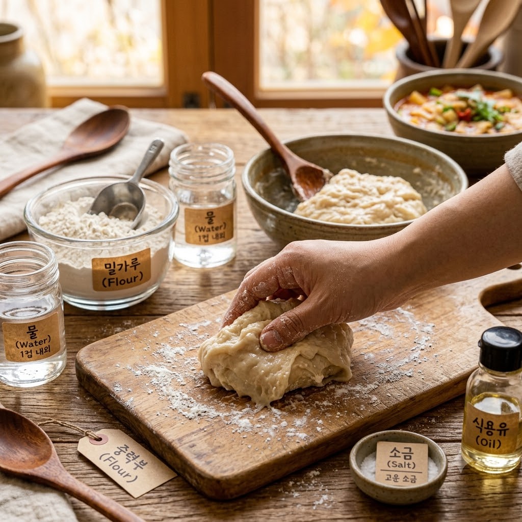 나무 도마 위에서 손으로 치대며 수제비 반죽을 만드는 과정과 밀가루, 물, 식용유, 고운 소금 등 준비된 반죽 재료들.
