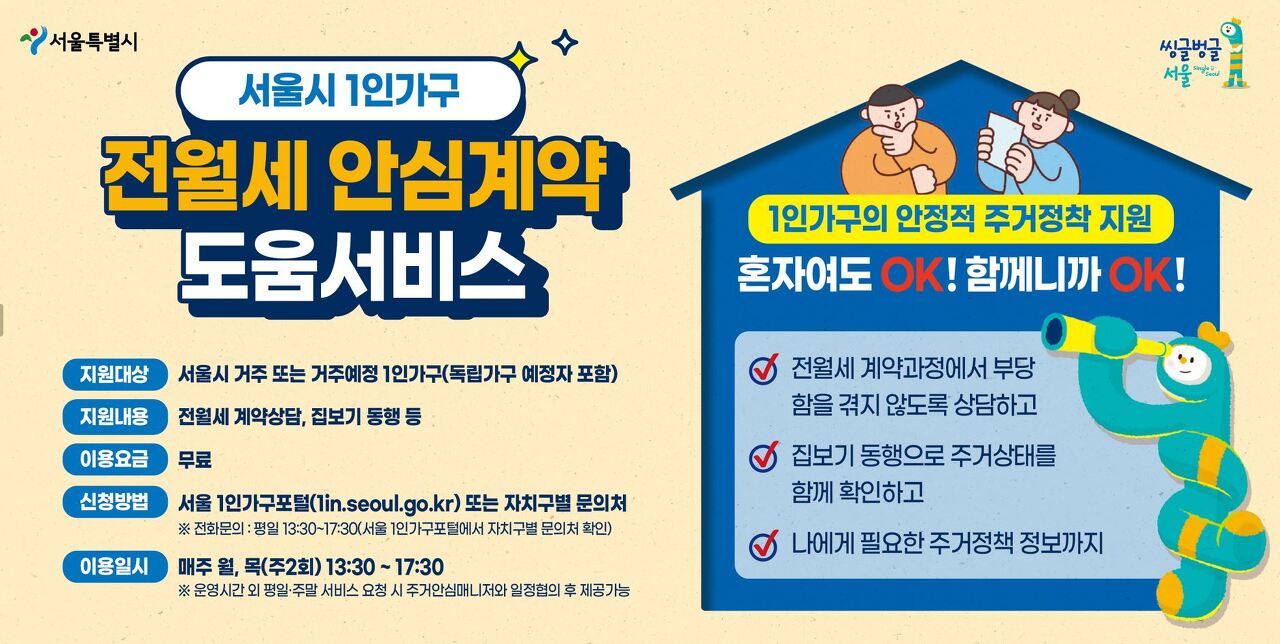 서울시 1인가구 전월세 안심계약도움서비스 신청대상과 지원형태