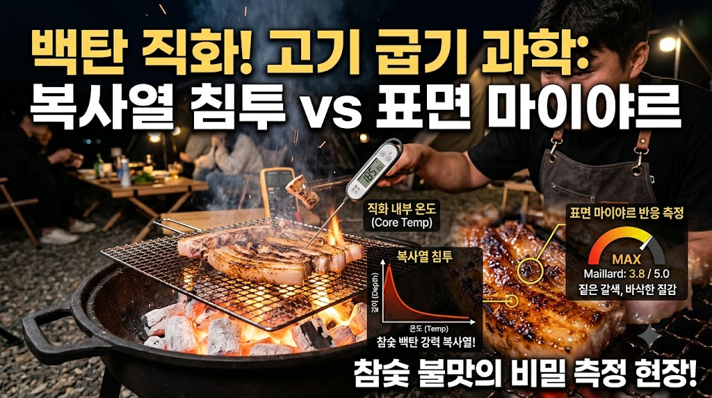 야외 화로대 참숯 백탄 위에서 고기를 직화로 구우며 침투하는 복사열과 표면 마이야르 반응 측정 현장