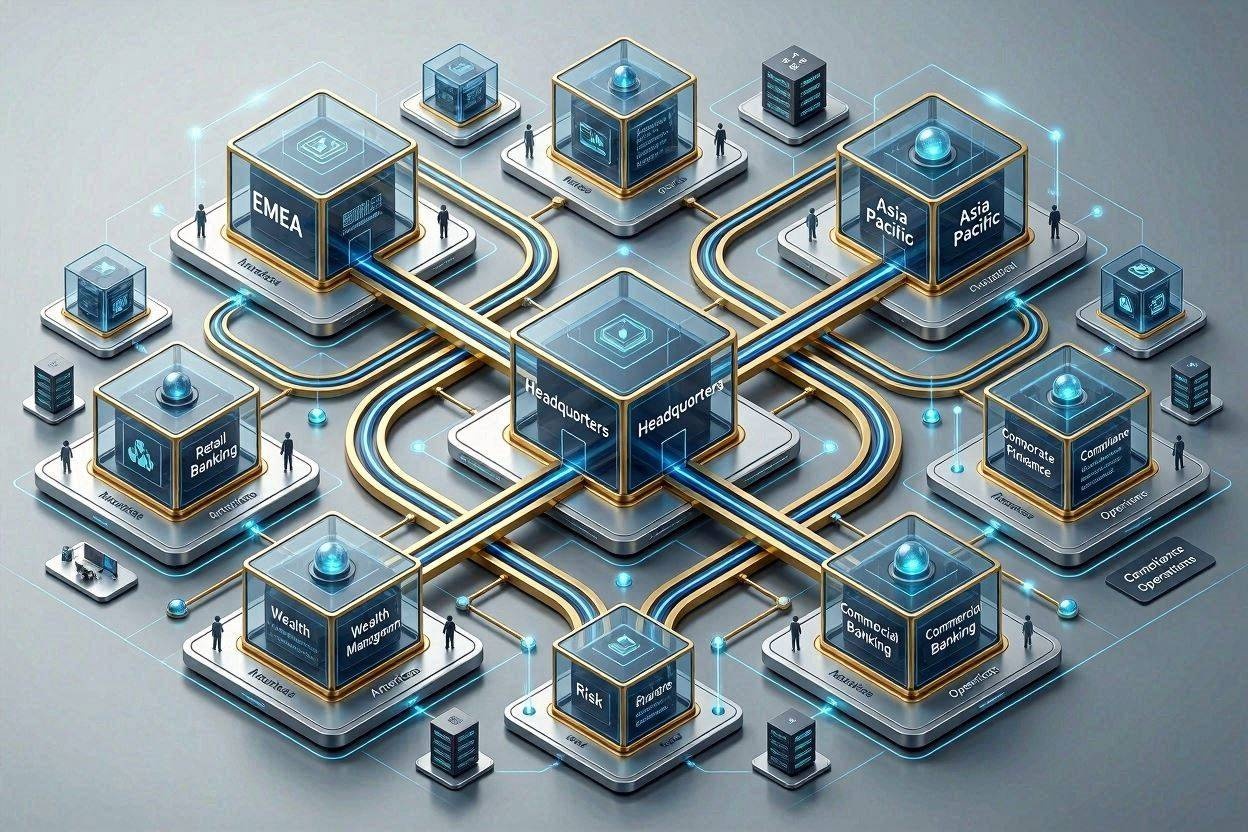 An abstract, massive machine or flowchart symbolizing JPMorgan's massive capital flow.