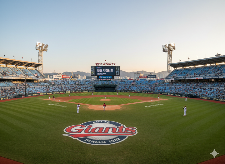 롯데 자이언츠 구단 로고와 함께 사직 야구장 전경을 담은 이미지