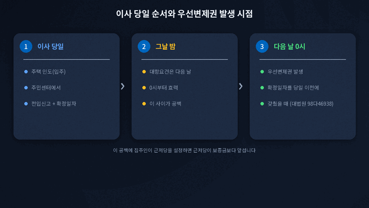 이사 당일 전입신고 확정일자 완료 후 다음 날 0시 우선변제권 발생과 그 사이 근저당 위험을 보여주는 시간축