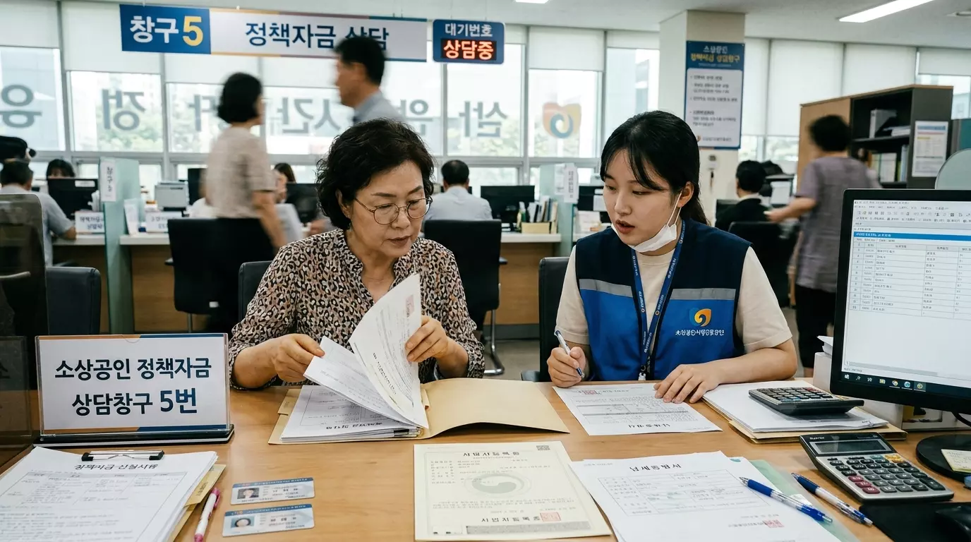 소상공인 사업자가 정책자금과 특례보증 관련 상담하고 있는 이미지