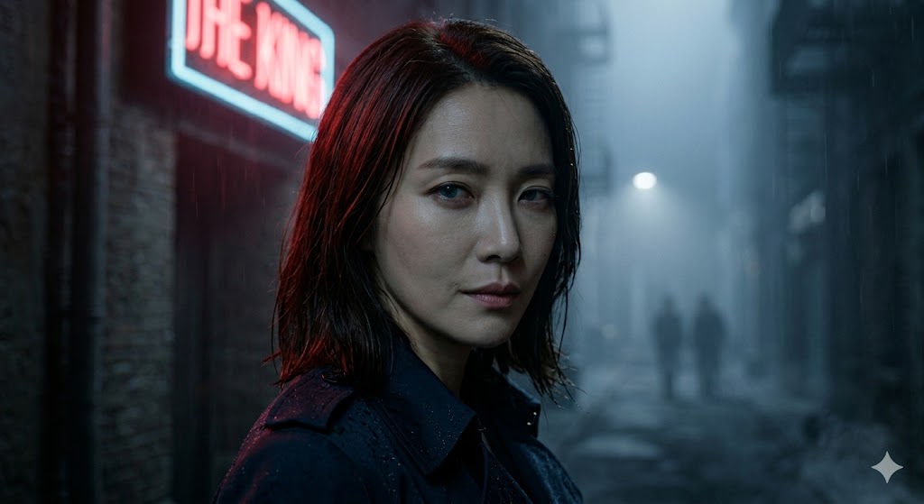 A cinematic close-up of a woman in a dark alleyway with a glowing 'THE KING' neon sign and two blurry figures in the foggy background. Her wet hair is illuminated by the red light, and her blue eyes stare coldly with a serious, dual-natured expression.