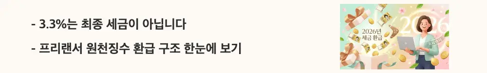 프리렌서 세금 환급: "3.3%는 최종 세금이 아닙니다 / 프리랜서 원천징수 환급 구조 한눈에 보기"라는 문구가 포함된 웹배너 이미지. 이 이미지는 3.3% 원천징수가 세금 선납이며 종합소득세 신고를 통해 환급받을 수 있다는 구조를 시각적으로 전달하며, 블로그의 프리랜서 3.3% 환급받는 법과 관련된 내용을 설명함