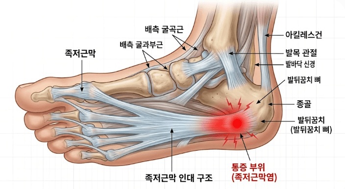 발바닥 아치 구조와 뒤꿈치 통증 부위를 나타내는 족저근막 구조 해부학 다이어그램
