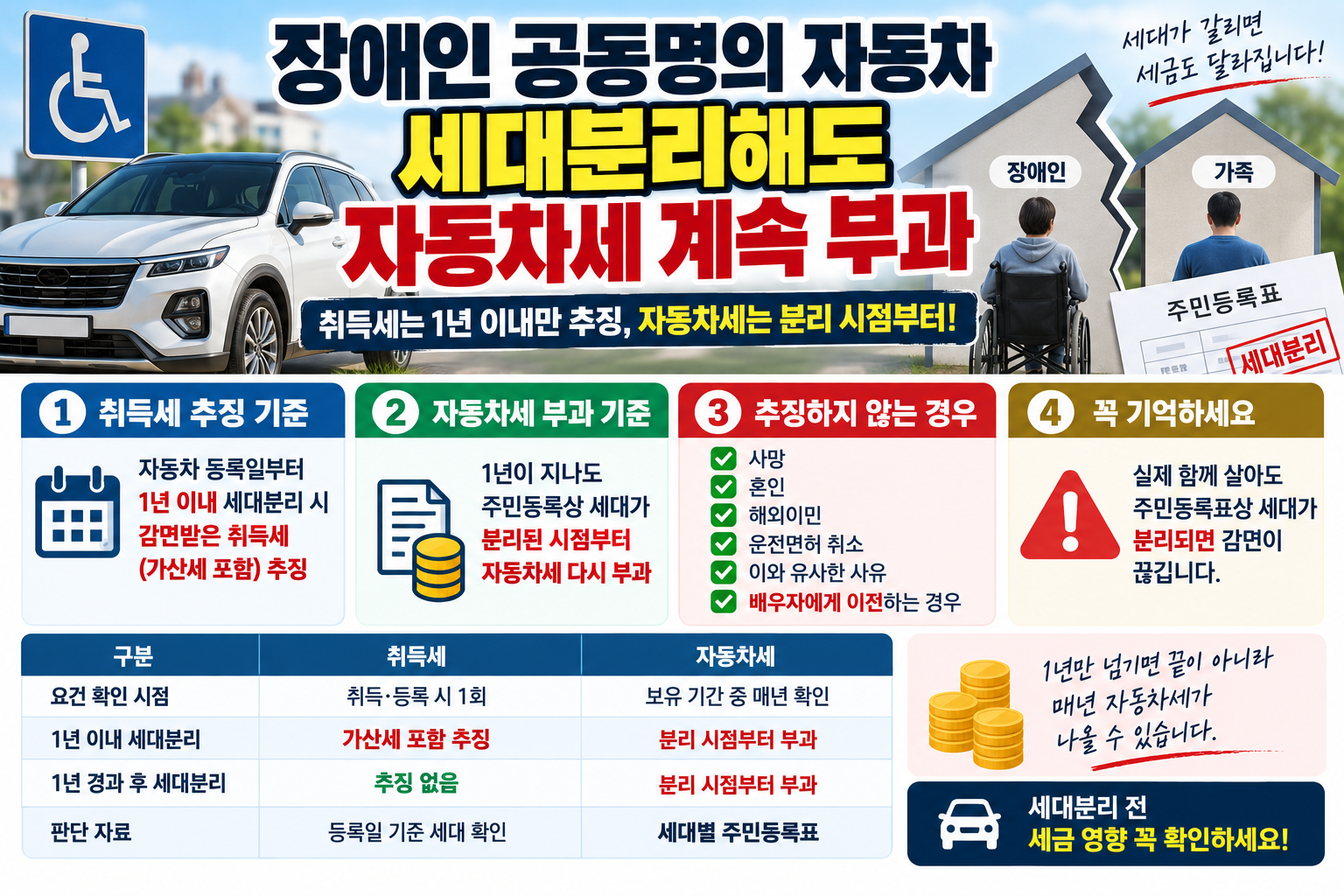 장애인 공동명의 자동차 세대분리, 1년 지나도 자동차세 부과