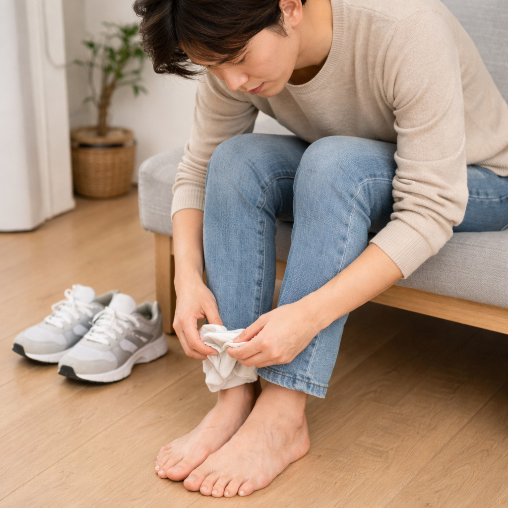 엄지발가락이 휘어 있는지 자가 확인하는 장면