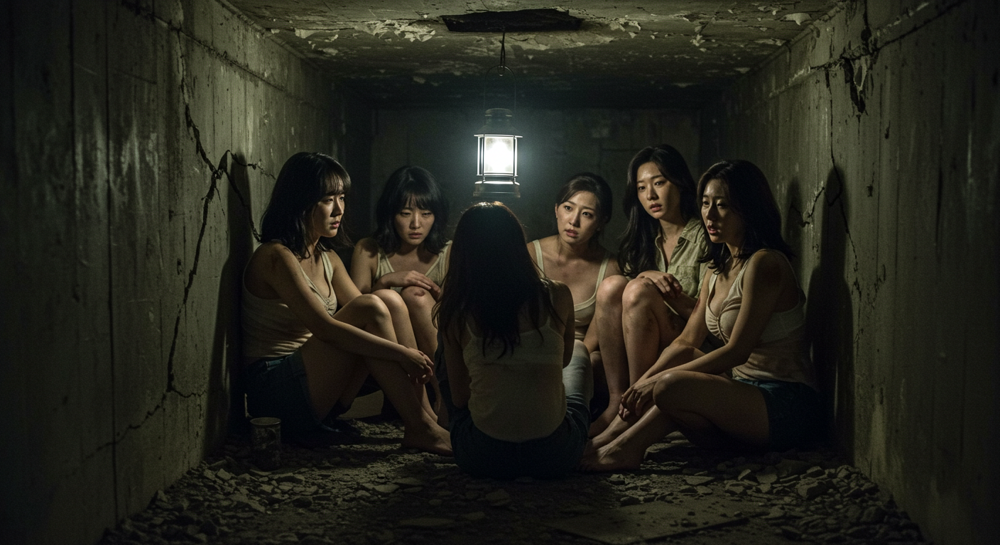 방공호에서 쉬고있는 여성들