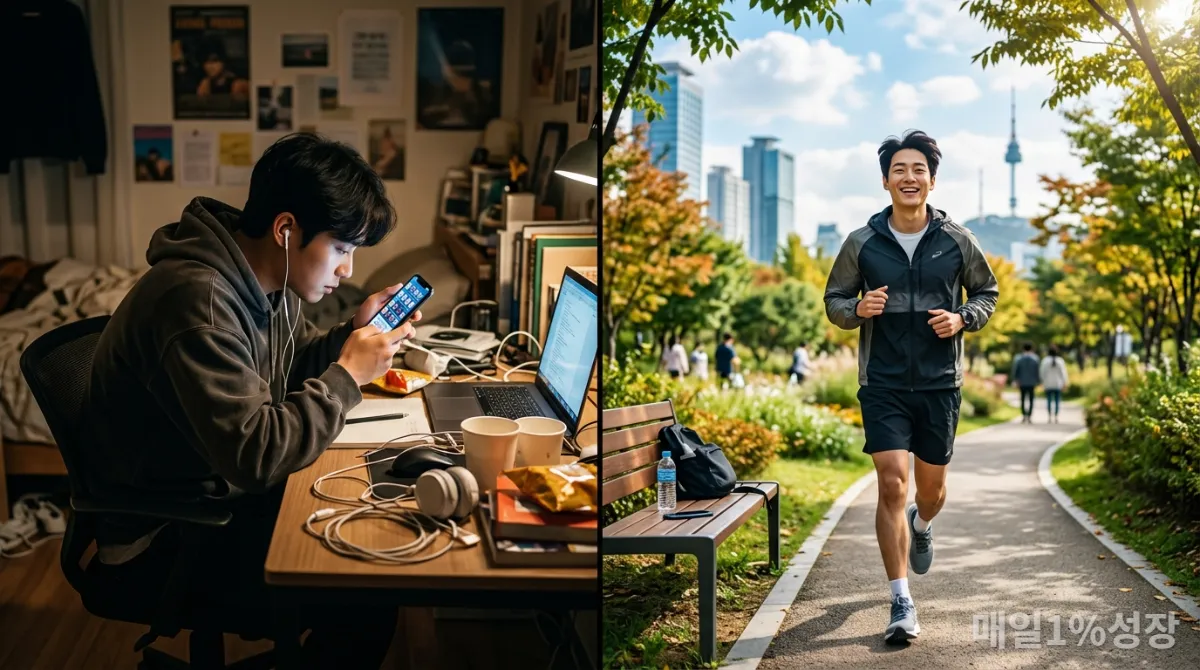 스마트폰에 몰두하는 모습과 야외에서 운동하는 한국 청년의 대조적인 모습