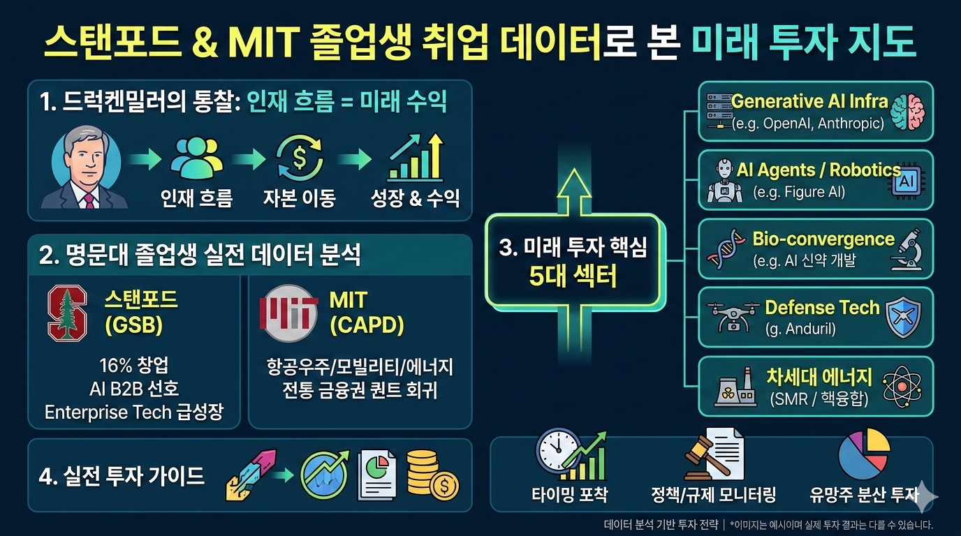 스탠포드와 MIT 졸업생 취업 통계로 본 AI 인프라 및 차세대 에너지 투자 유망 섹터 5가지 요약 인포그래픽